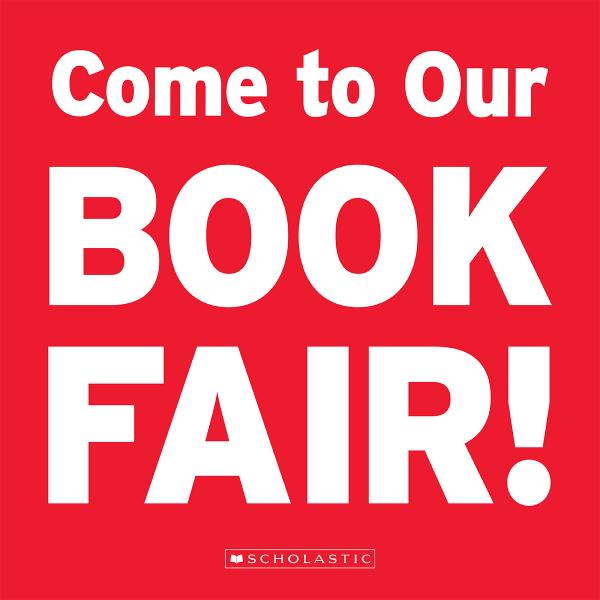 red square that says come to our book fair